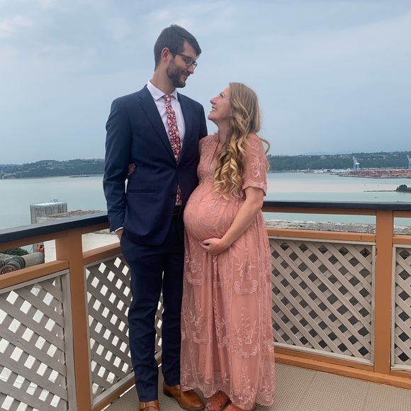 Light Pink Lace Mesh Overlay Maternity Maxi Dress - Picture 5 of 5